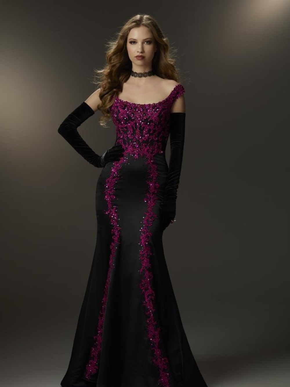 MORI LEE BLACK FUSCHIA LACE BEADED GOWN SIZE 20